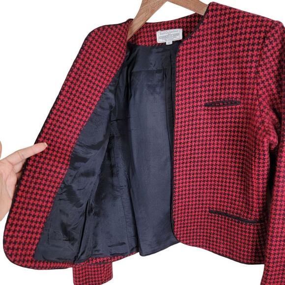 Vintage Charlotte Ford Womens Houndstooth Wool Open Blazer size 10 Red Black - Picture 3 of 12